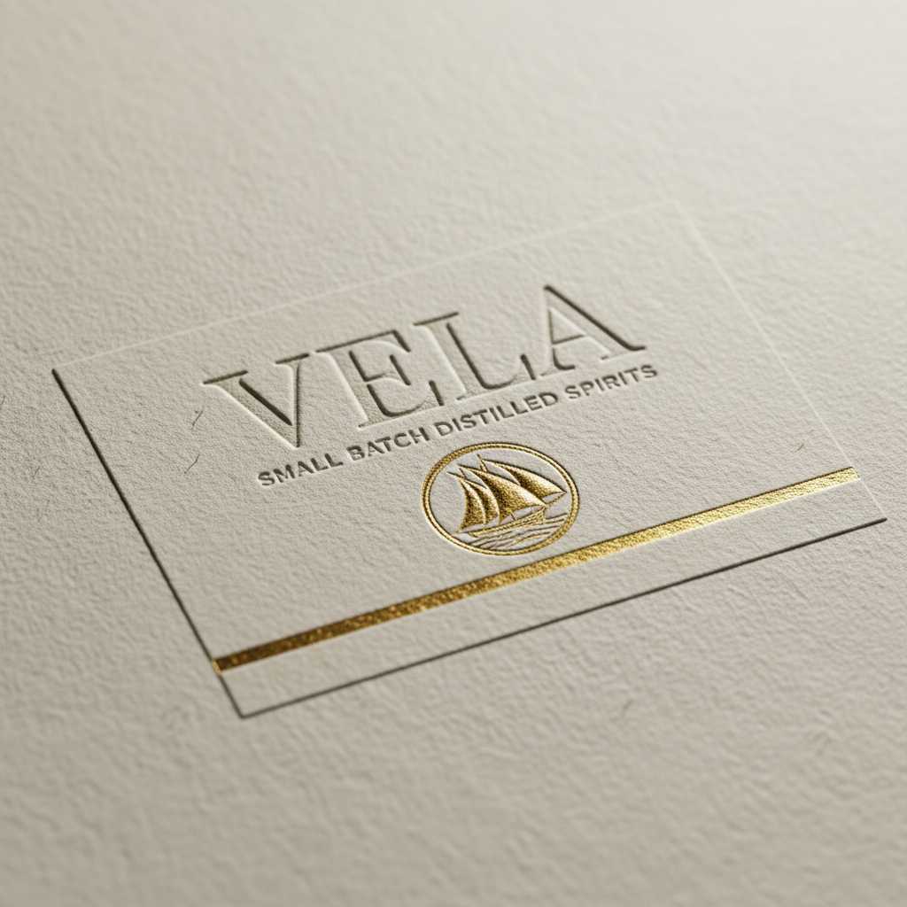 Vela Spirits label detail showing letterpress texture and foil stamp
