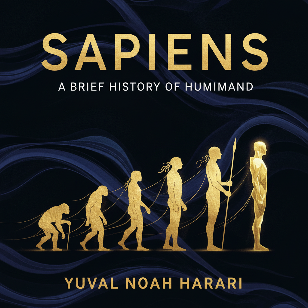 Sapiens book cover showing ancient human evolution imagery