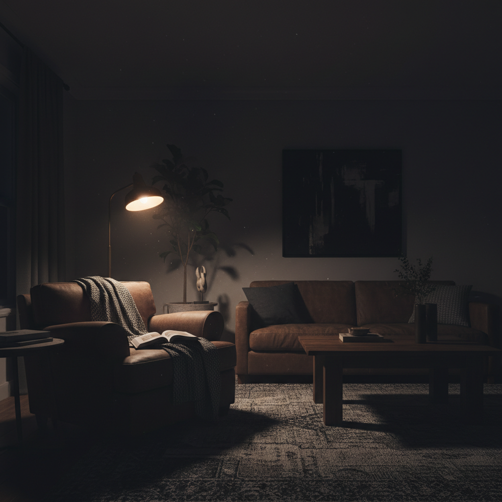 Dark moody living room with dramatic shadows and a single reading lamp