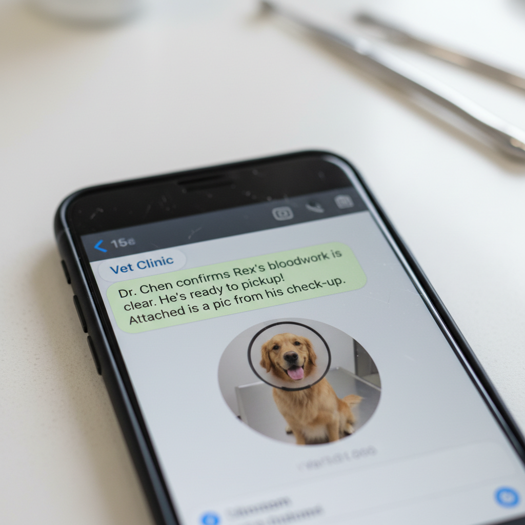 Close-up of a smartphone screen showing a veterinarian confirmation text message with photo