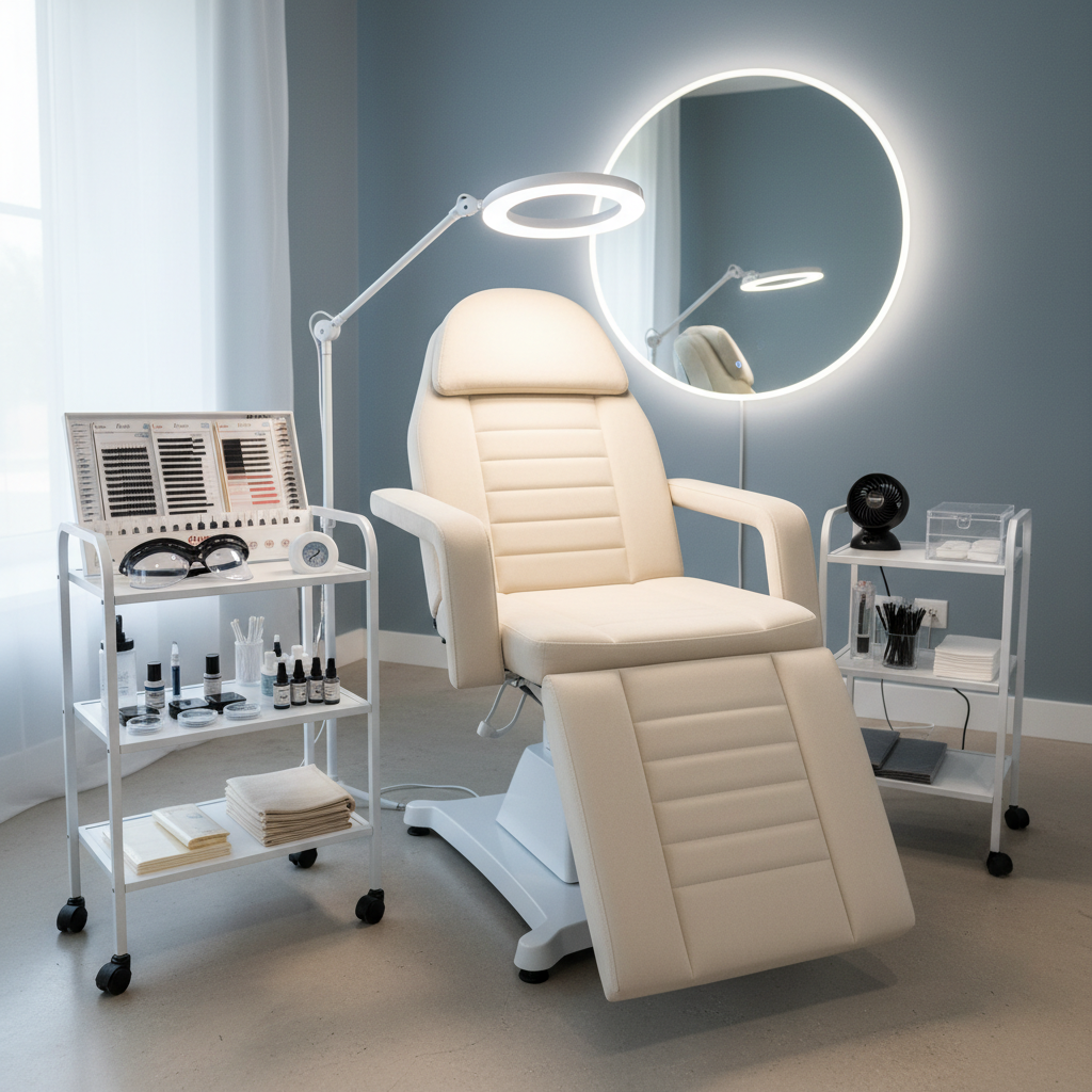 Beauty professional organizing lash supplies in a bright salon studio