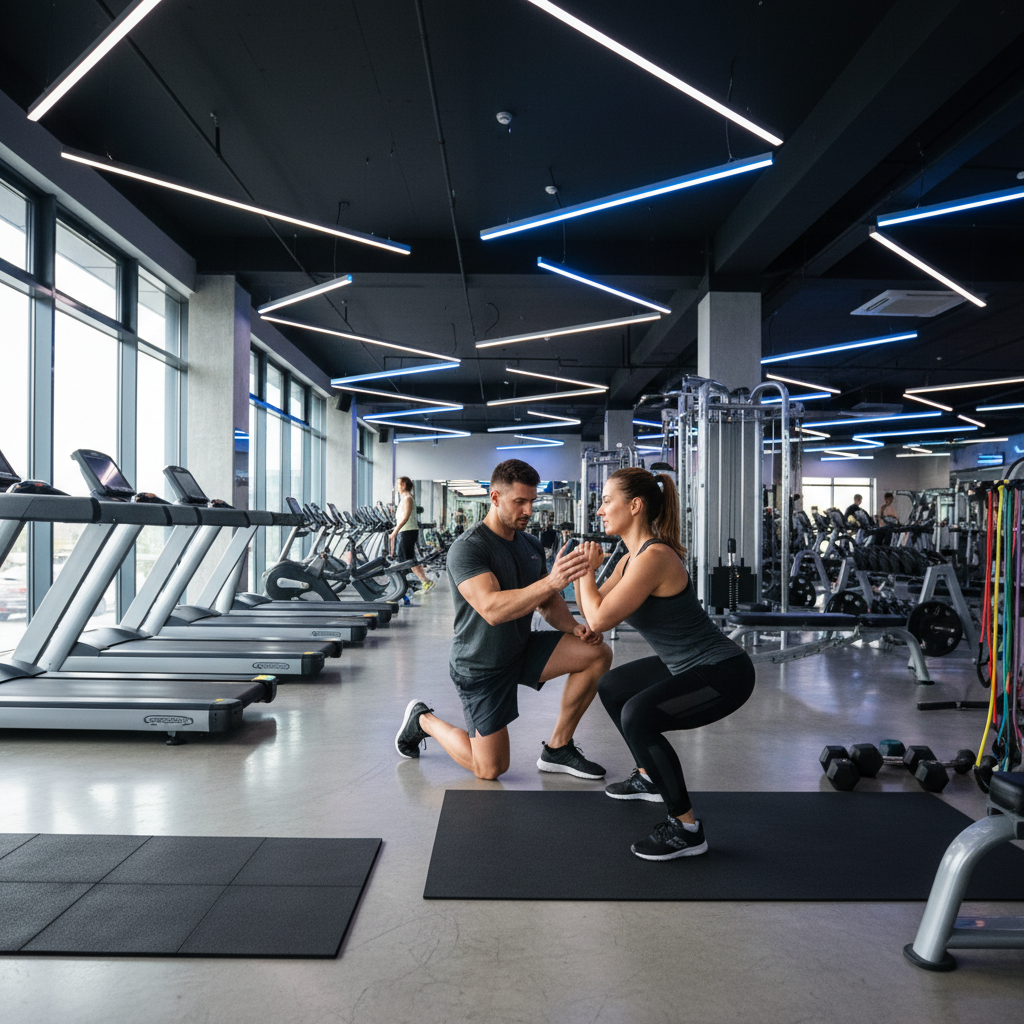 Fitness trainer working with client in modern gym facility