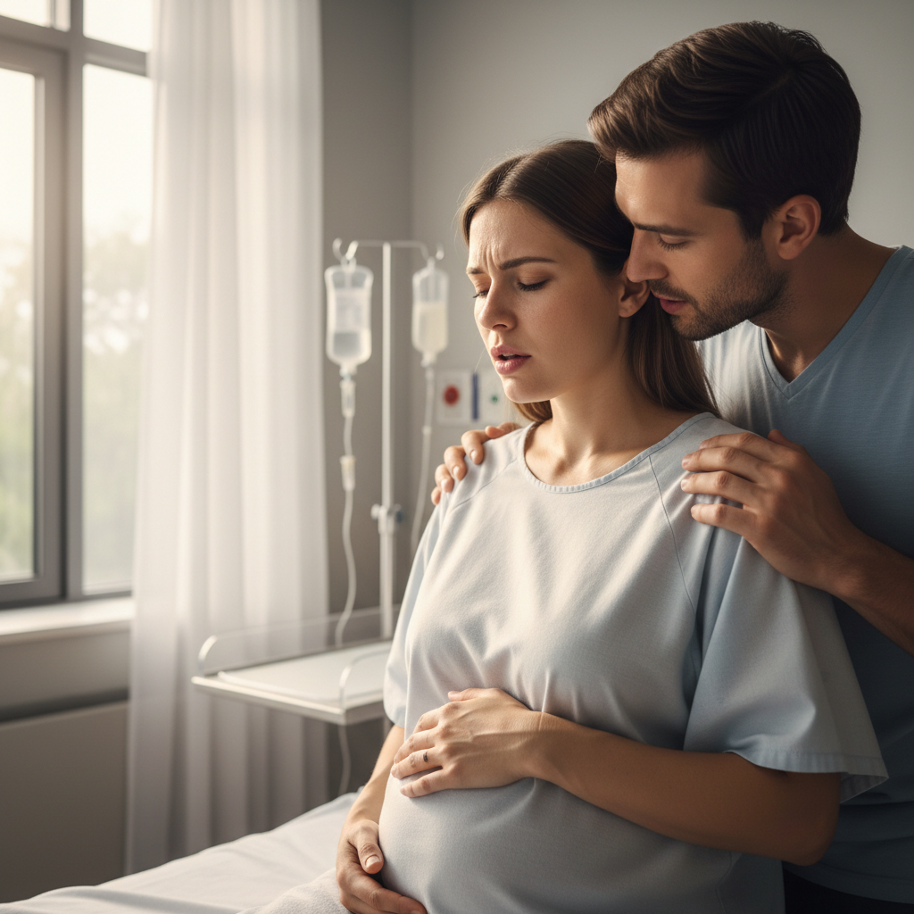 Woman in labor breathing through a contraction, partner close beside her, calm clinical room with soft natural light