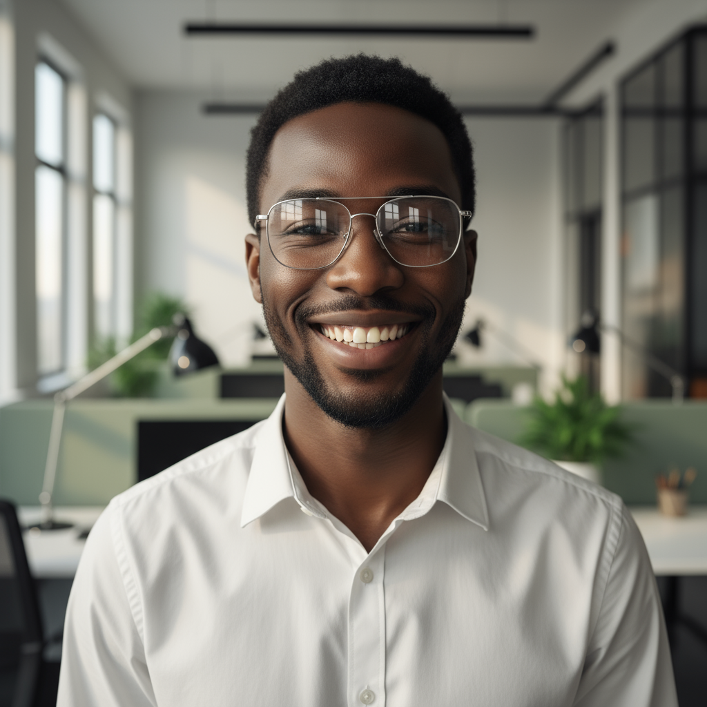 Young African man in modern office environment, professional attire, focused expression