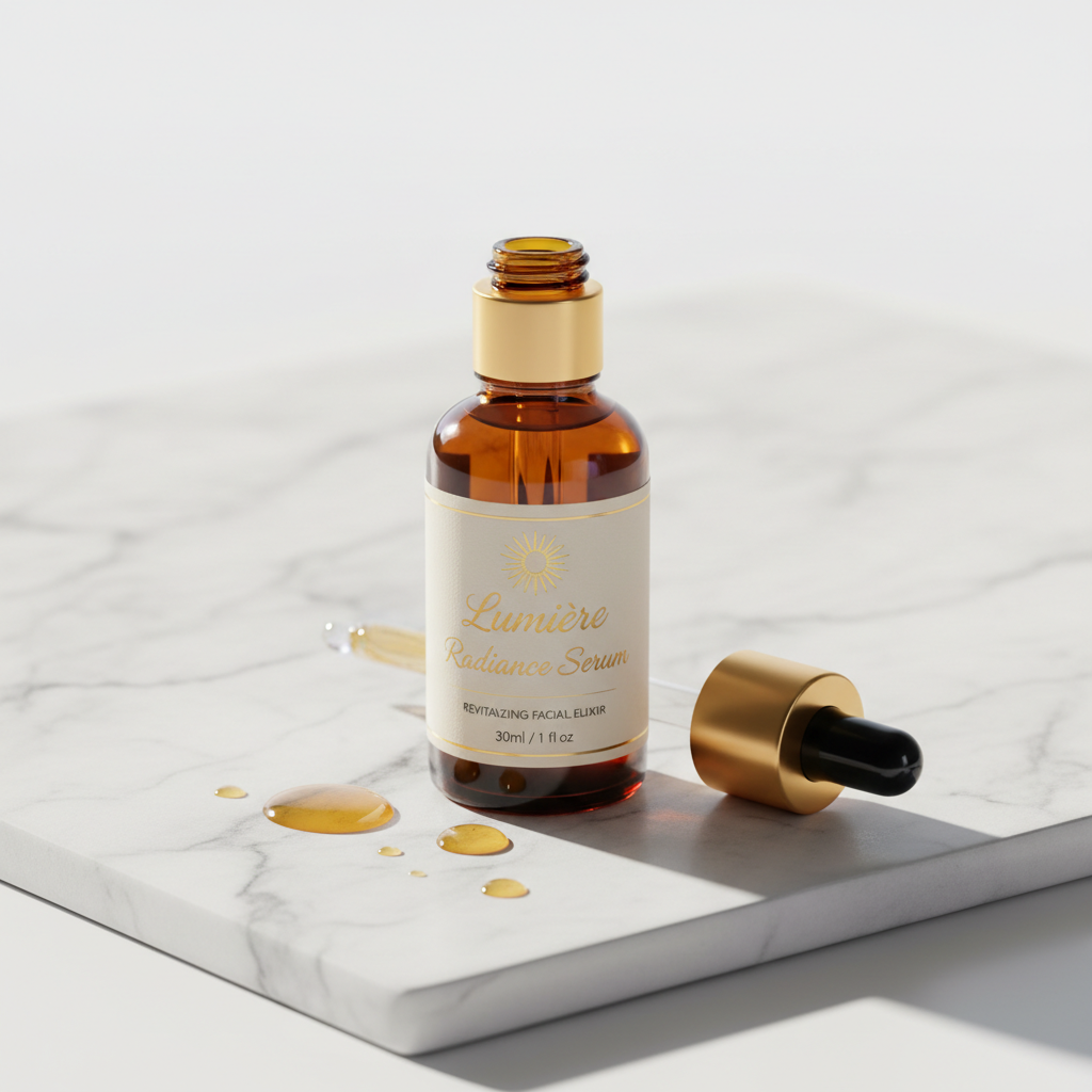 Radiance serum bottle on marble surface, soft warm studio lighting, clean minimal