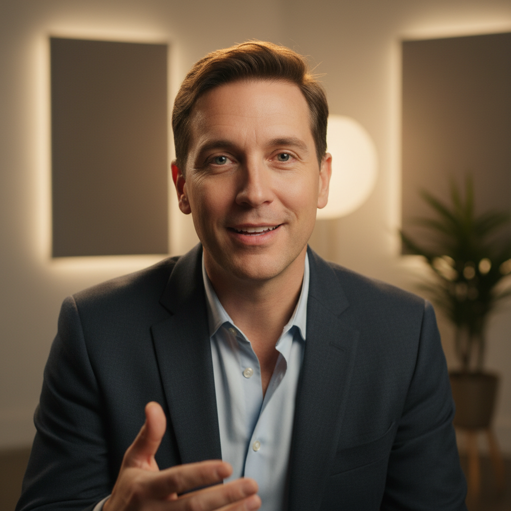 Person speaking in front of camera in studio setting