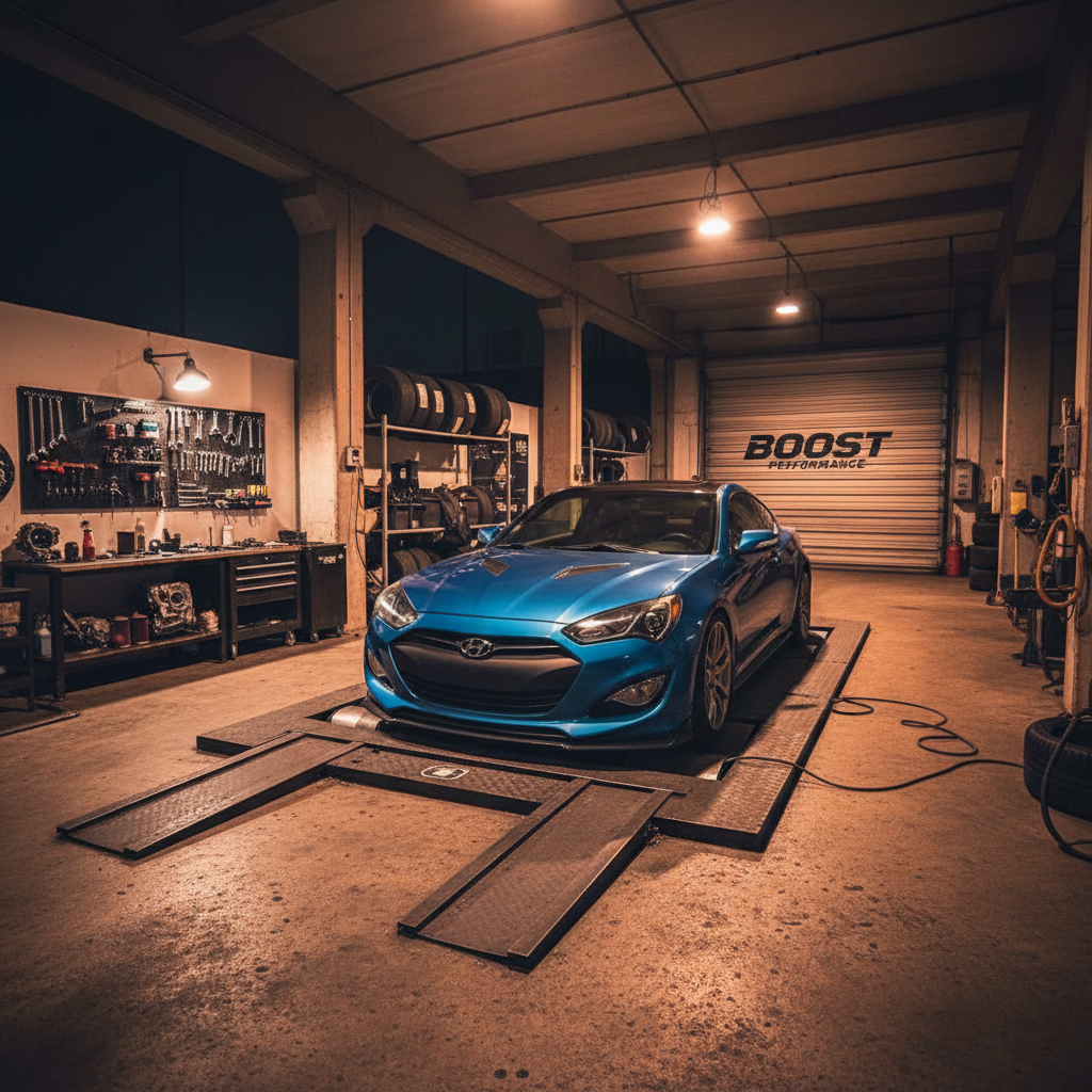 Inside the Boost performance shop at night β bare concrete floor, lift bays, amber overhead lights casting long shadows across a Hyundai on the dyno