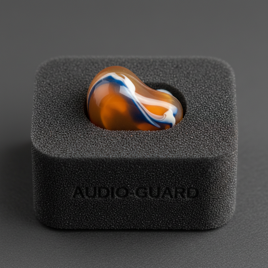 Custom-molded hearing protection device shown in precision foam case