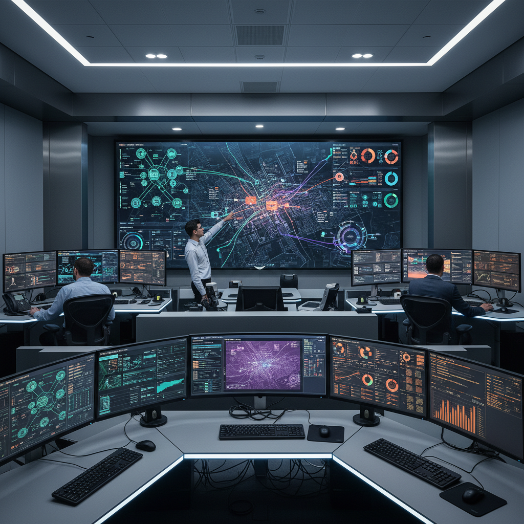 Healthcare data analytics command center with multiple monitors showing patient data streams and predictive dashboards