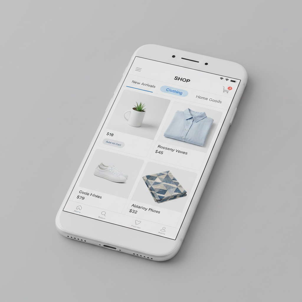 E-commerce rental platform interface on mobile and desktop with product listings and checkout flow, clean minimal design