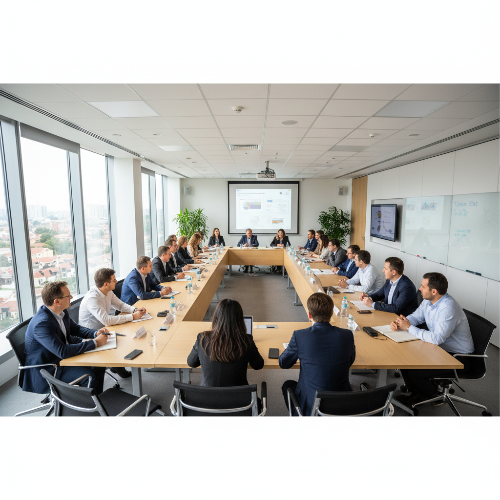 Profissional em reunião corporativa em sala de conferência moderna e sofisticada