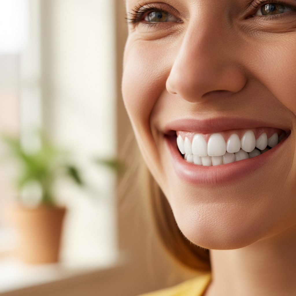 Beautiful confident smile result of comprehensive smile makeover combining veneers and whitening treatment