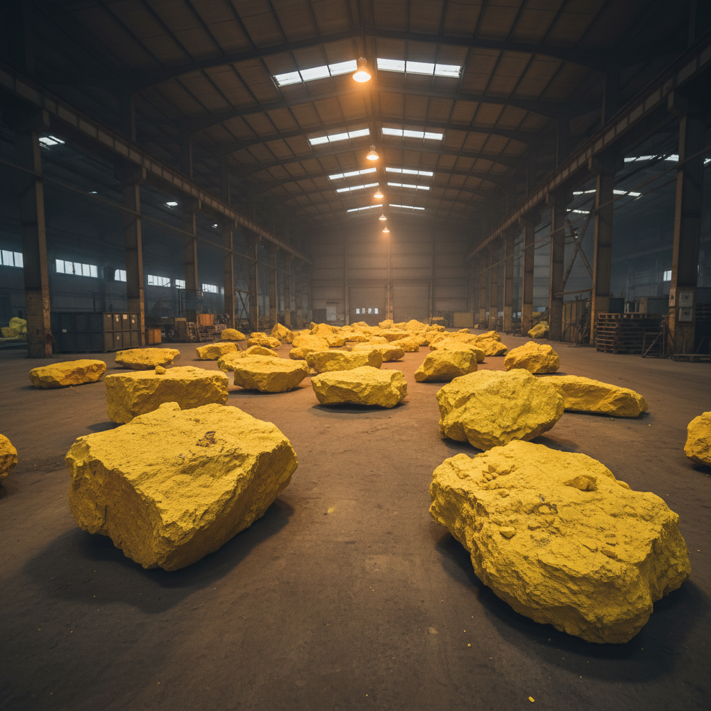 Bright yellow sulphur mineral crystals piled in an industrial warehouse, warm yellow tones against dark industrial background