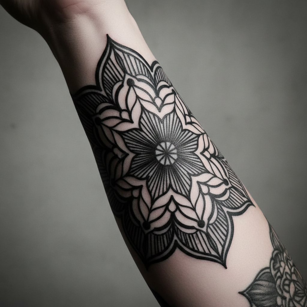 Full arm tattoo sleeve with bold blackwork geometric tribal patterns, dark studio background, dramatic side lighting