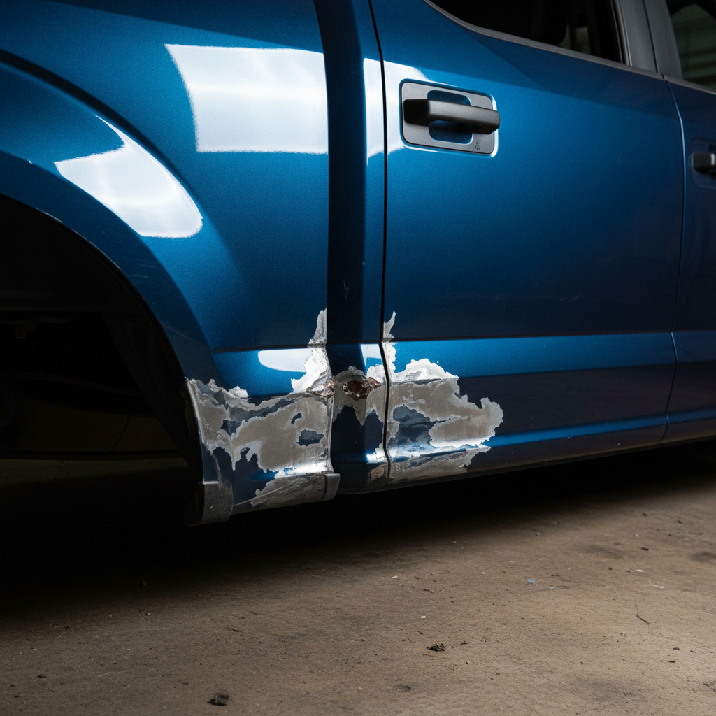 Ford F-150 rear quarter panel showing deep collision crease and chipped paint under harsh fluorescent workshop lighting