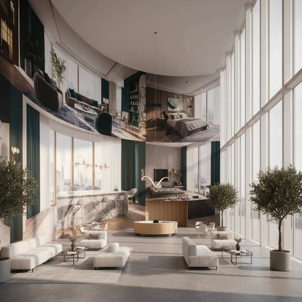 Showroom floor with furniture arranged in clean compositions