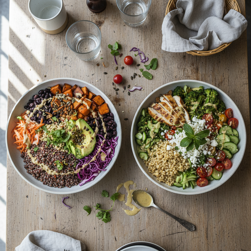 Overhead of two Grain bowls on a restaurant table, family style, colorful toppings