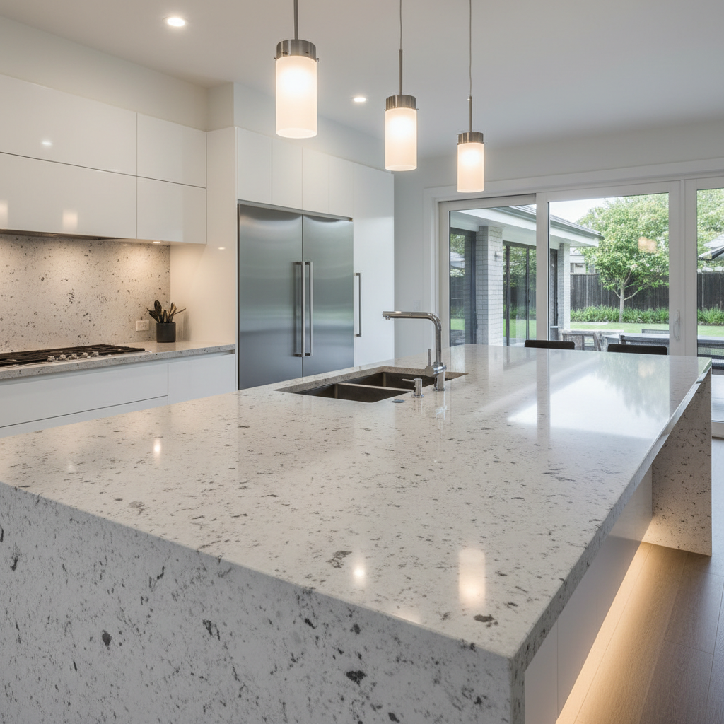 Honed quartzite slab countertop in modern kitchen with warm veining and cream background