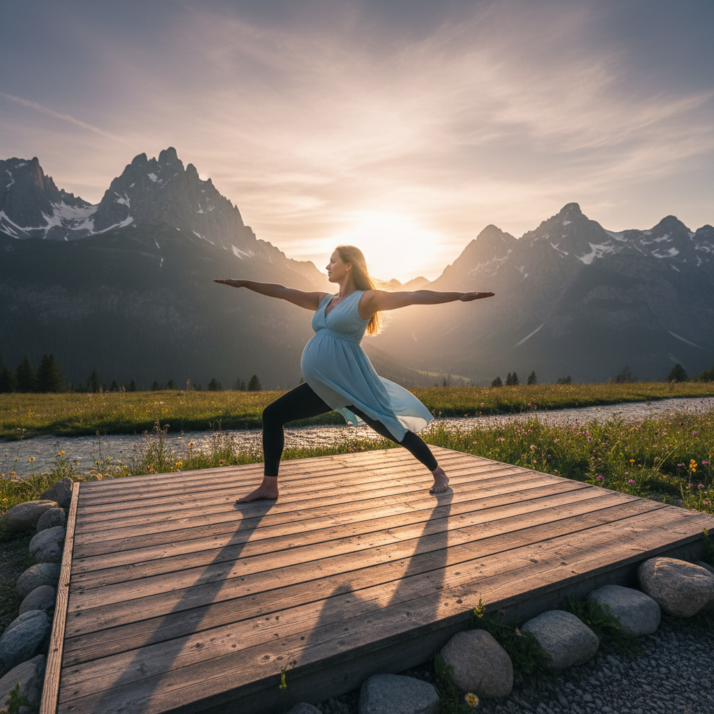 Yoga practitioner in warrior pose on outdoor deck, golden sunset light, serene and peaceful