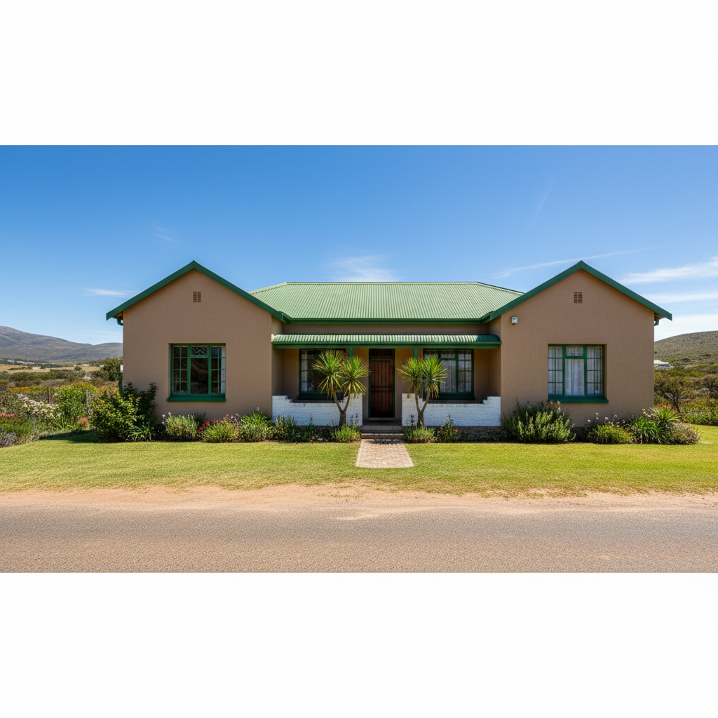 Exterior of a South African home with freshly spray-painted warm cream walls, bright afternoon sunlight, sharp architectural lines
