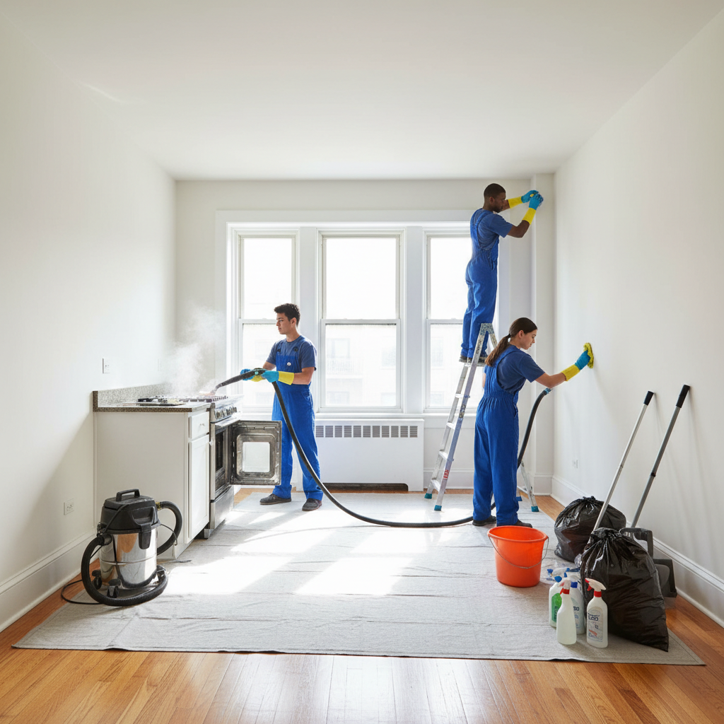 Professional cleaner in gloves thoroughly cleaning an empty bright apartment with mop and bucket