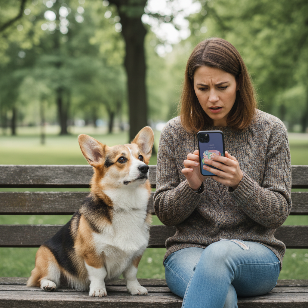 Pet owner sitting on a park bench looking at a phone app while her corgi sits beside her