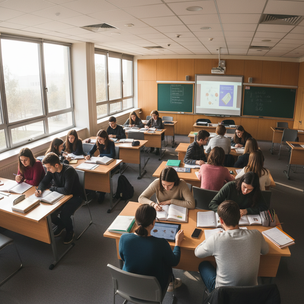 Estudiantes aprendiendo idiomas en aula moderna con libros