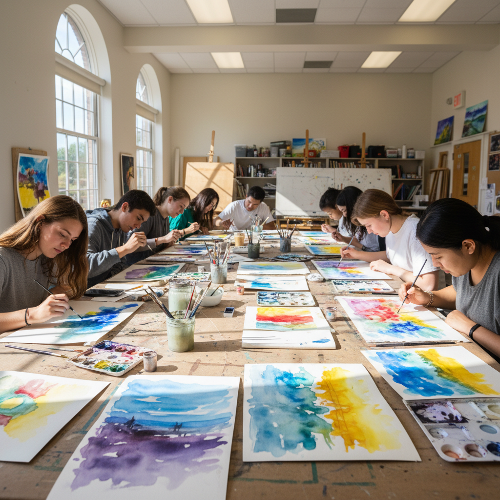 Young student creating colorful artwork in a creative art class