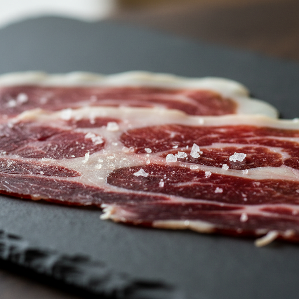 Extreme close-up of a thin slice of jamón ibérico with visible marbling and coarse salt crystals on dark slate