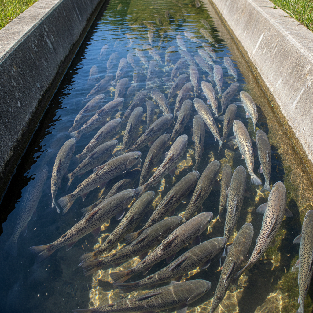 Hundreds of healthy speckled trout swimming together in a concrete raceway
