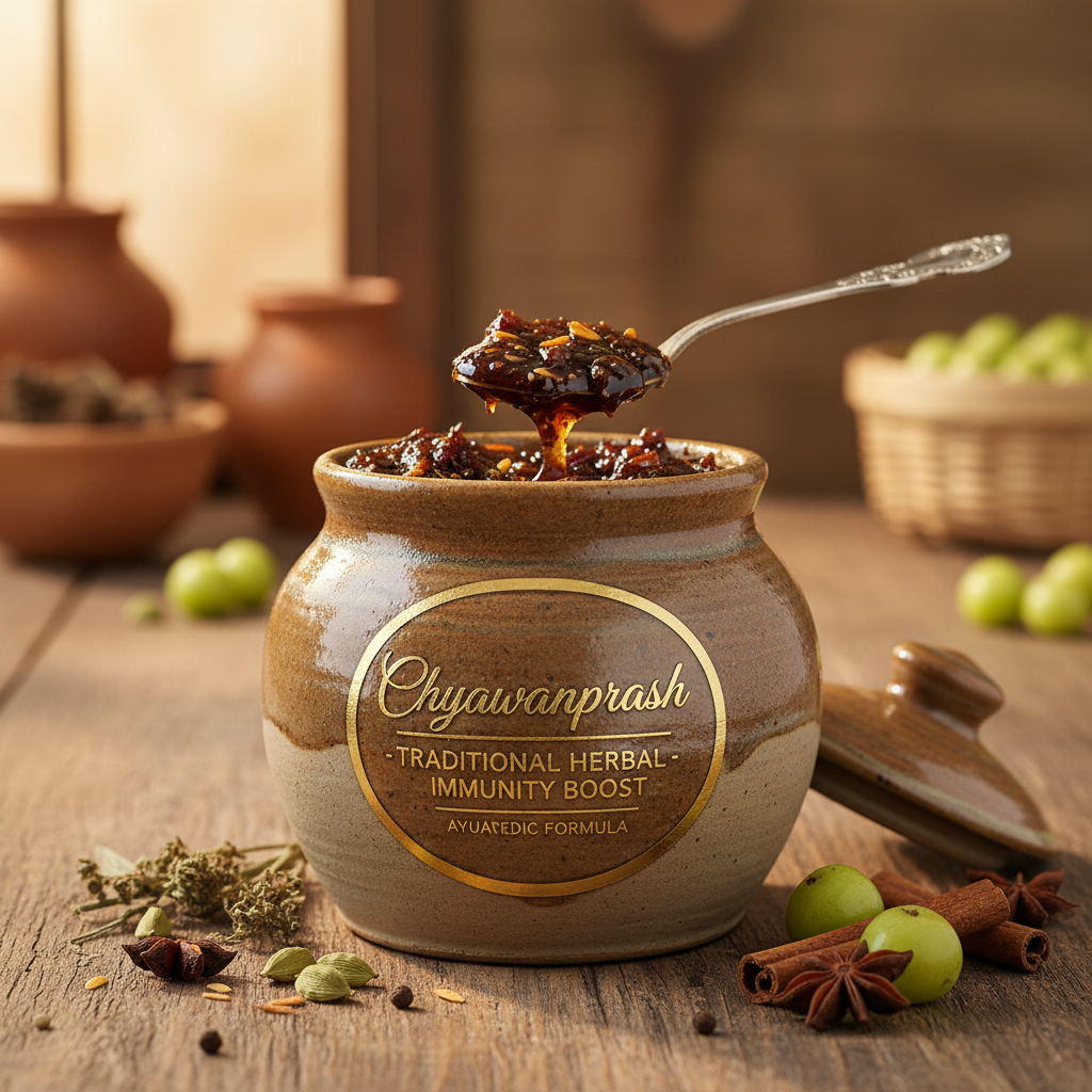 Chyawanprash jar with traditional Ayurvedic herbs and amla fruits on wooden background