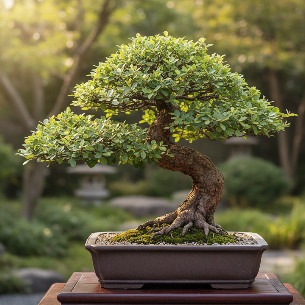Chinese elm bonsai in broom style with dense fine twigwork, small ceramic oval pot