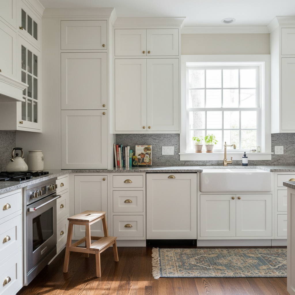 Small wooden step stool in bright kitchen, natural oak finish, sturdy construction, daylight from window