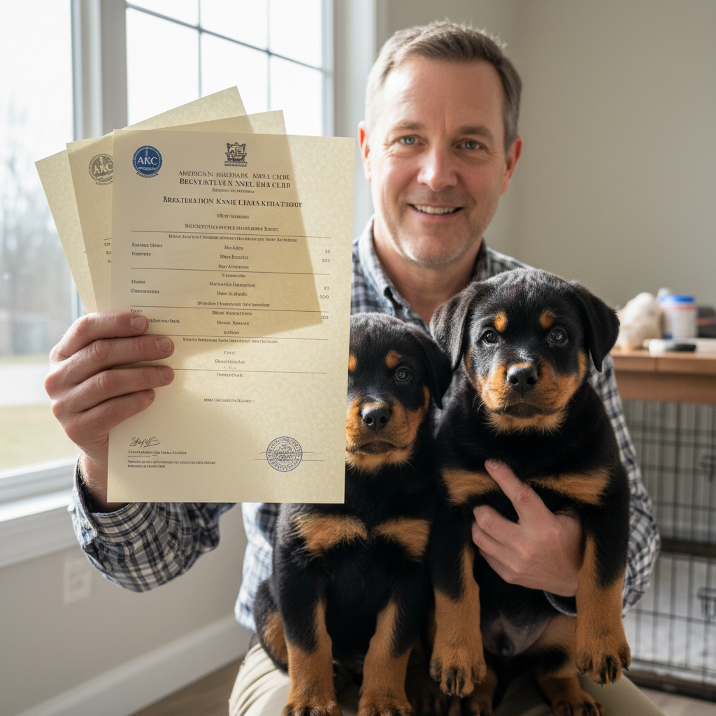 Reputable Rottweiler breeder showing AKC registration papers for rottweiler puppies for sale