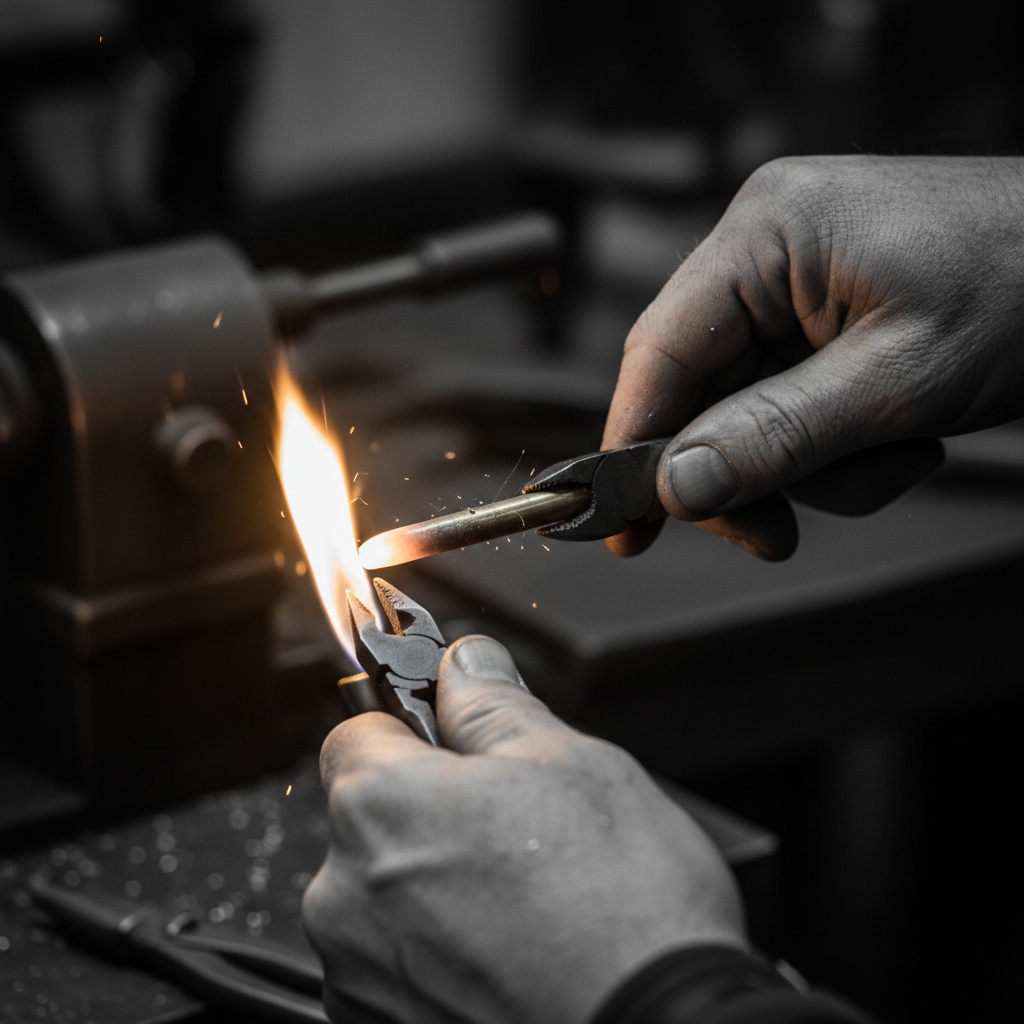 Craftsman's hands shaping brass rod over a workshop flame, high contrast black and white