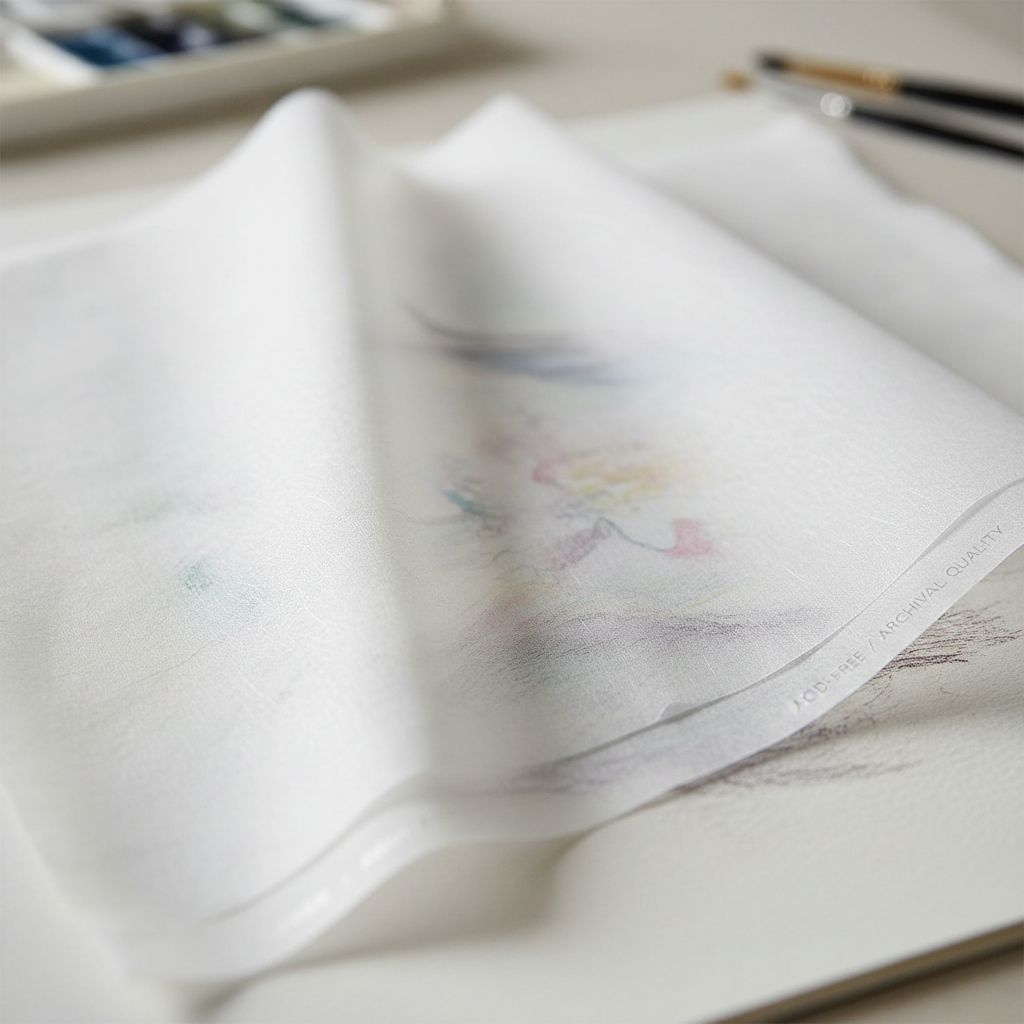 Close-up of acid-free archival tissue paper wrapping around a delicate artwork surface