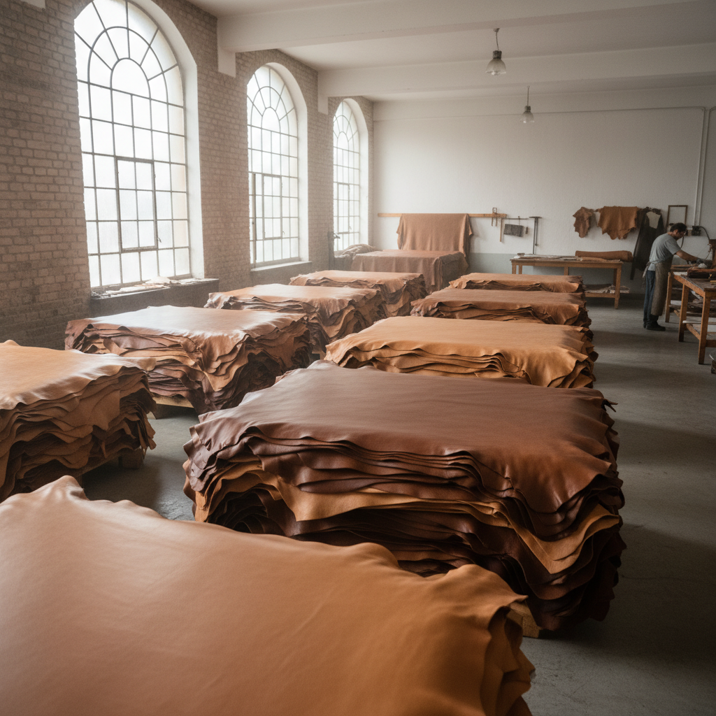 Stacked brown leather hides in warehouse, smooth premium processed leather