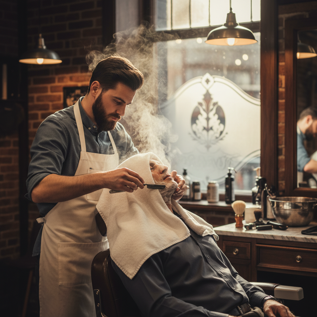 Traditional hot towel straight razor shave, luxury barbershop atmosphere
