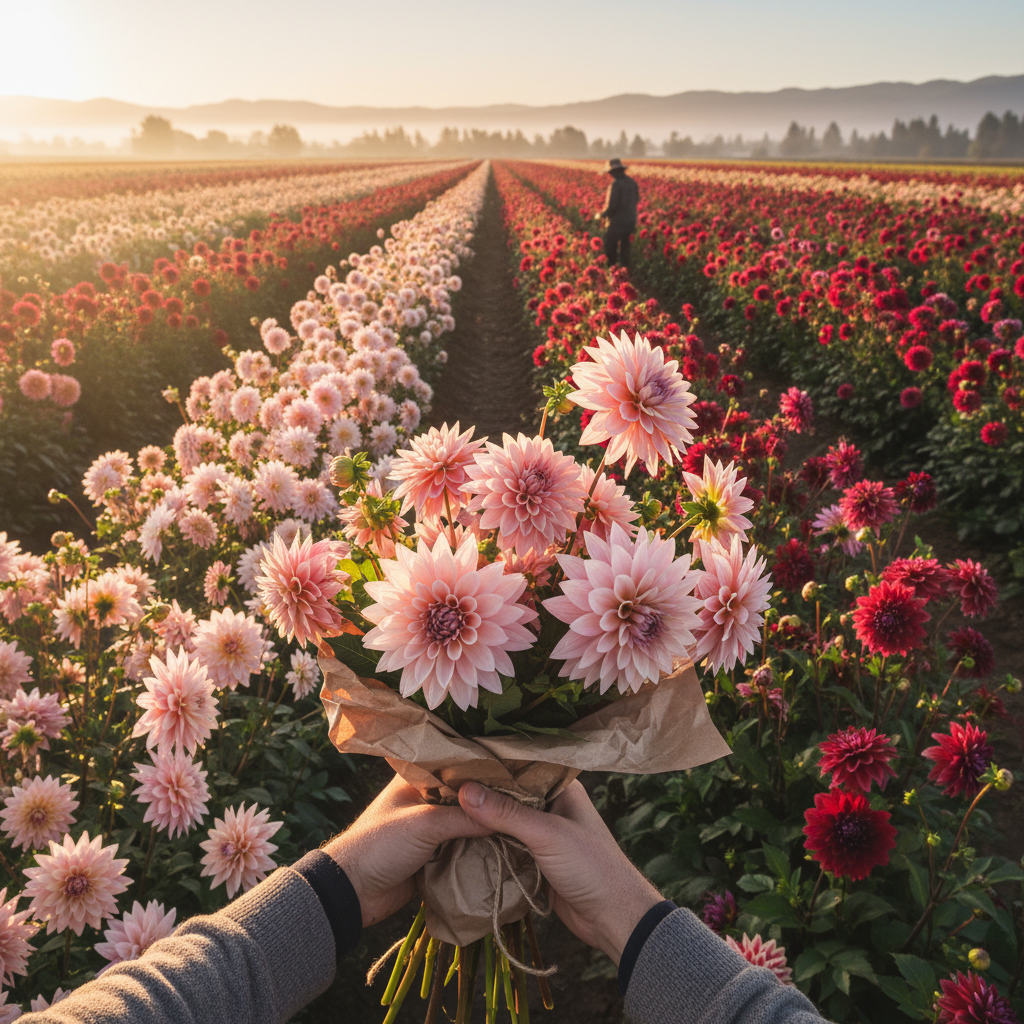 Dahlia field rows at dawn — graduated blush to burgundy blooms with morning light raking across, hands holding freshly cut stems wrapped in brown paper