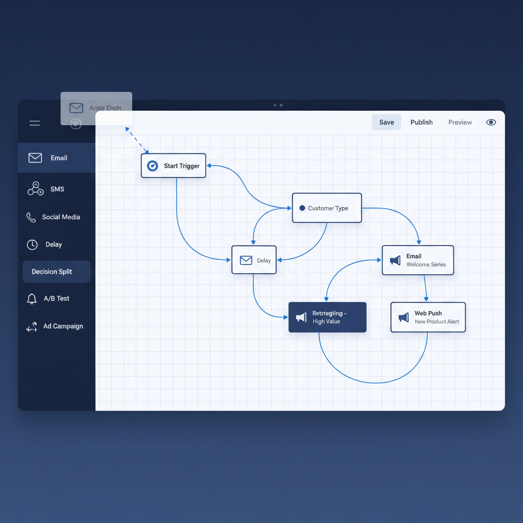 Campaign management interface showing multiple marketing channels dark background