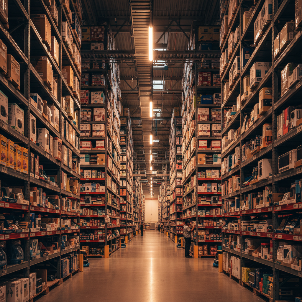 Modern logistics and distribution warehouse with organized product shelving, dim industrial atmosphere, dark steel infrastructure