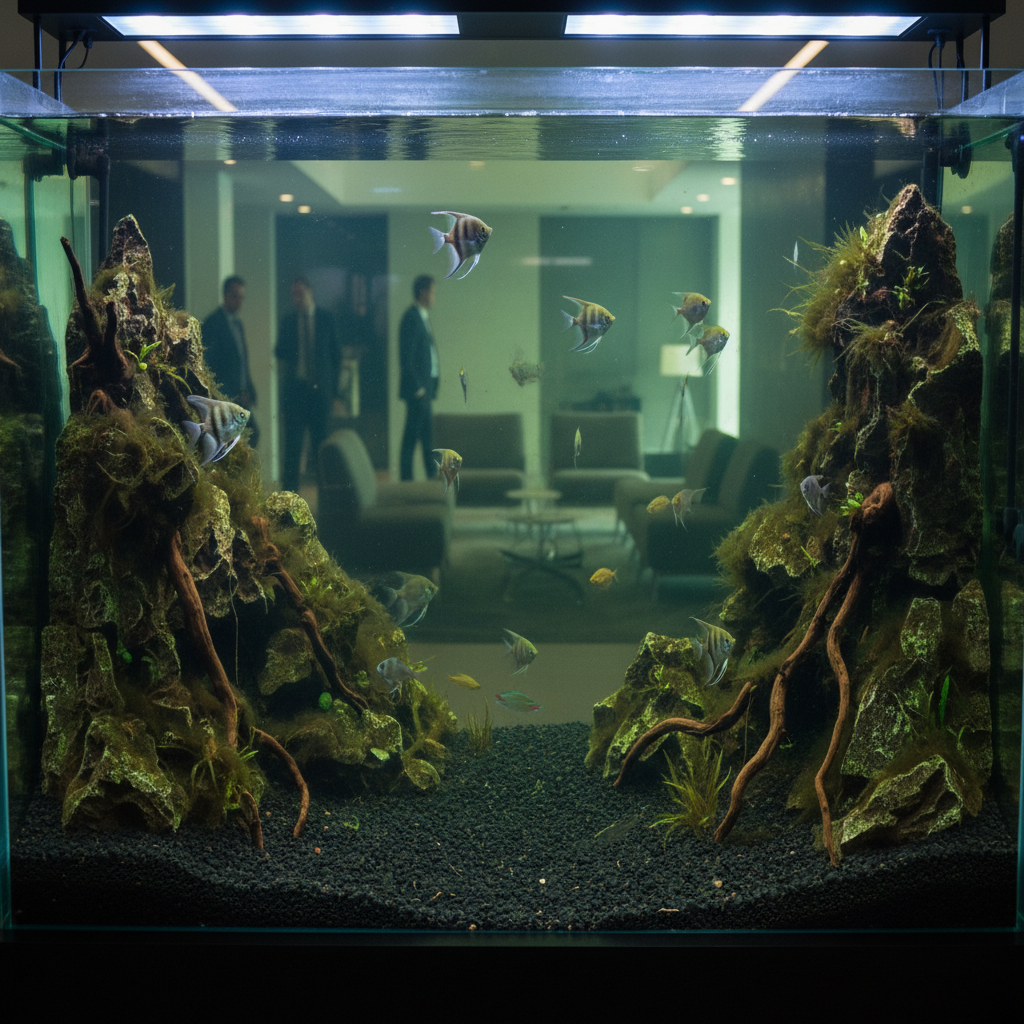 Corporate aquarium with dark compacted substrate and algae buildup