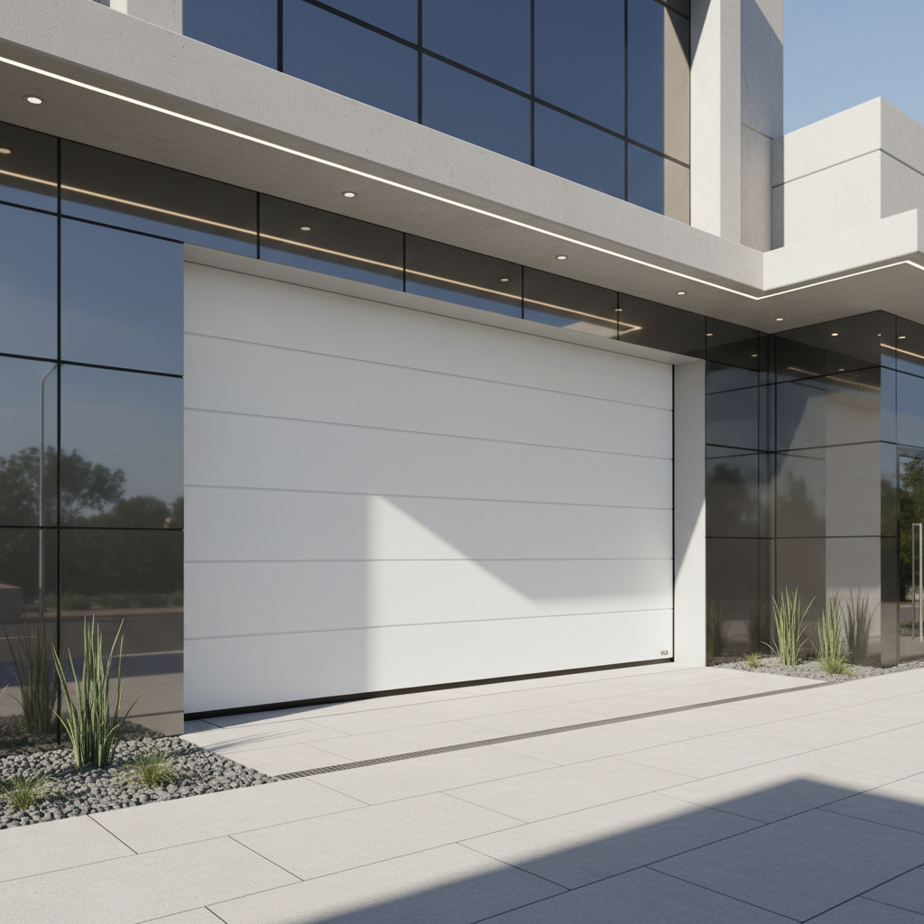 White sectional garage door on modern commercial building