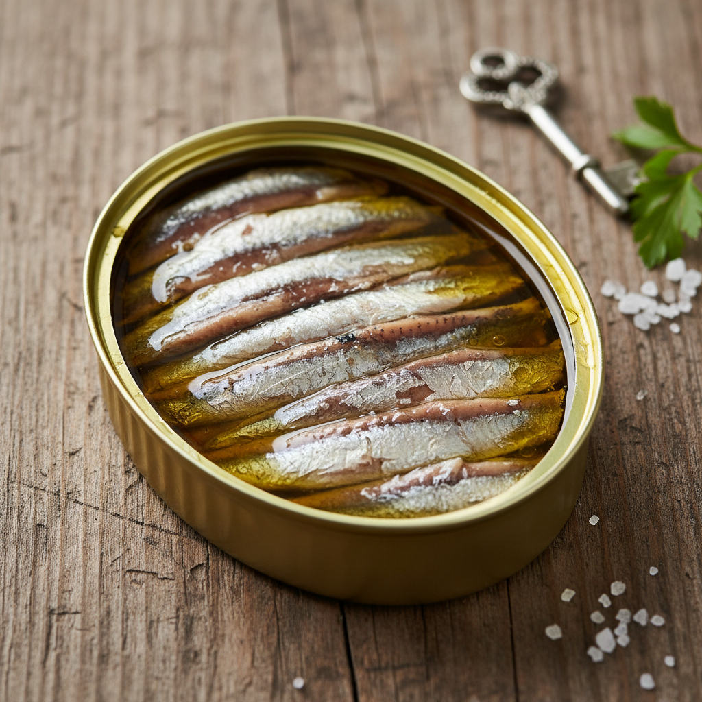 Open tin of Spanish anchovies in olive oil with silver-brown fillets