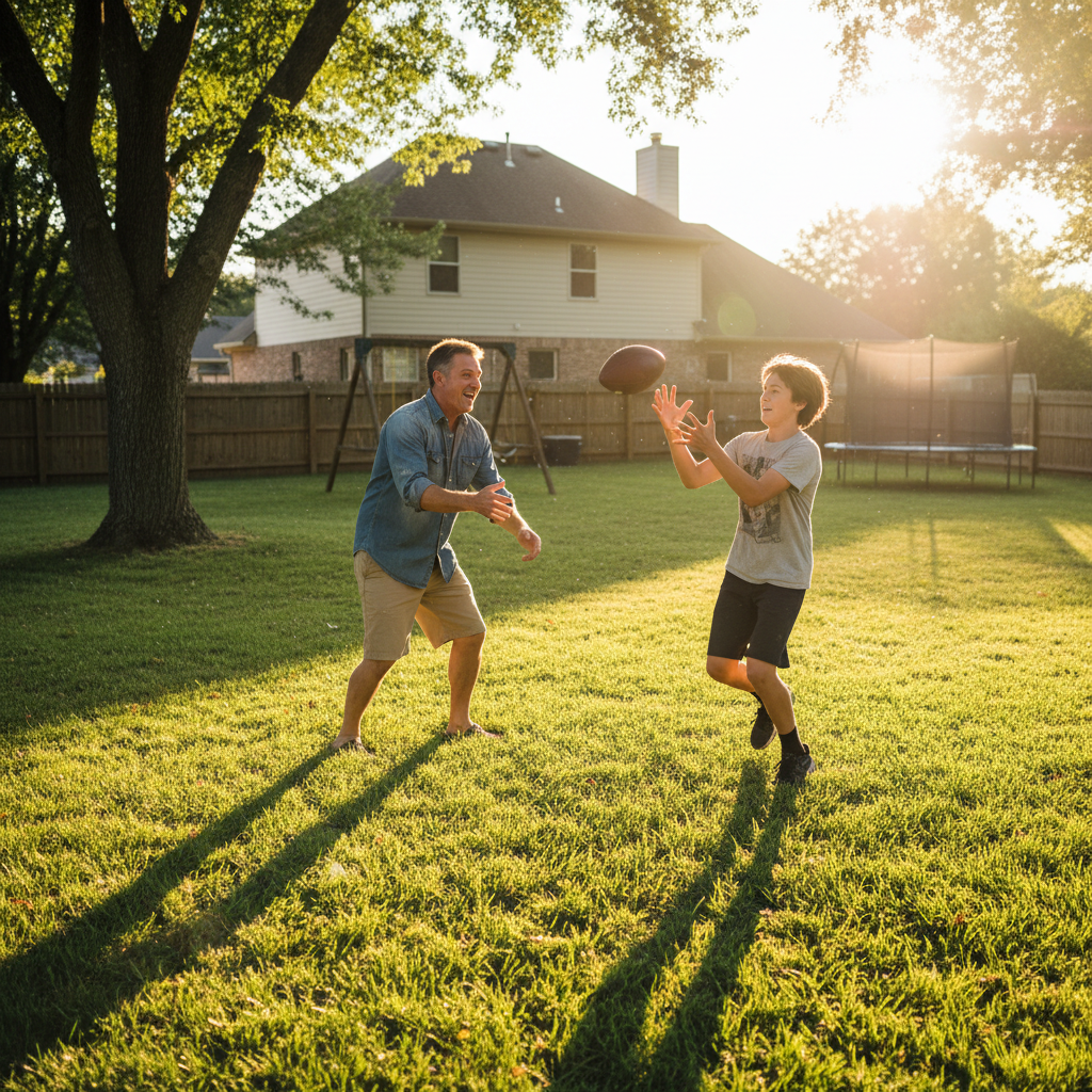 Father and teenage son throwing a football in the backyard, golden hour light, long shadows