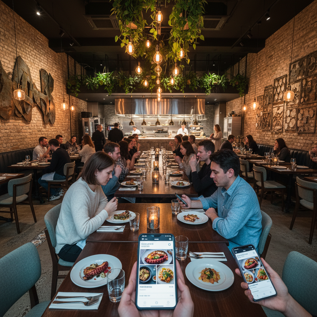 Modern restaurant with customers browsing Shutter digital menus on phones with vivid food photography