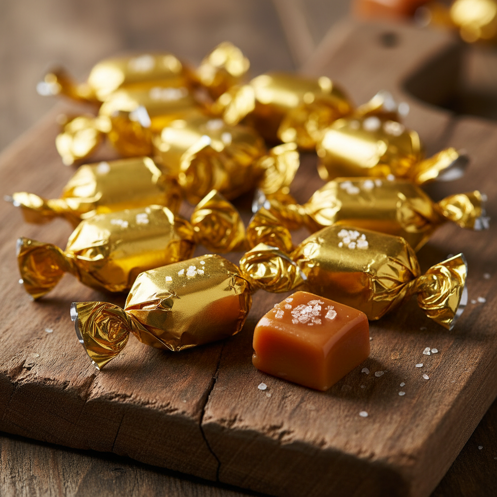 Square sea salt caramels with fleur de sel crystals on caramel marble, golden light