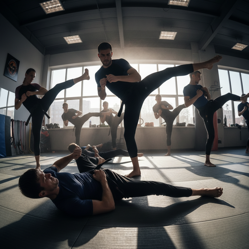 Open day event at martial arts school, families and students in bright dojo, festive atmosphere