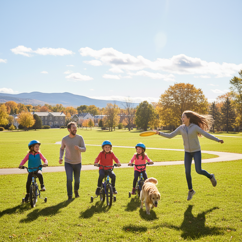 Famille québécoise heureuse pratiquant le sport ensemble grâce à SportSolidaire