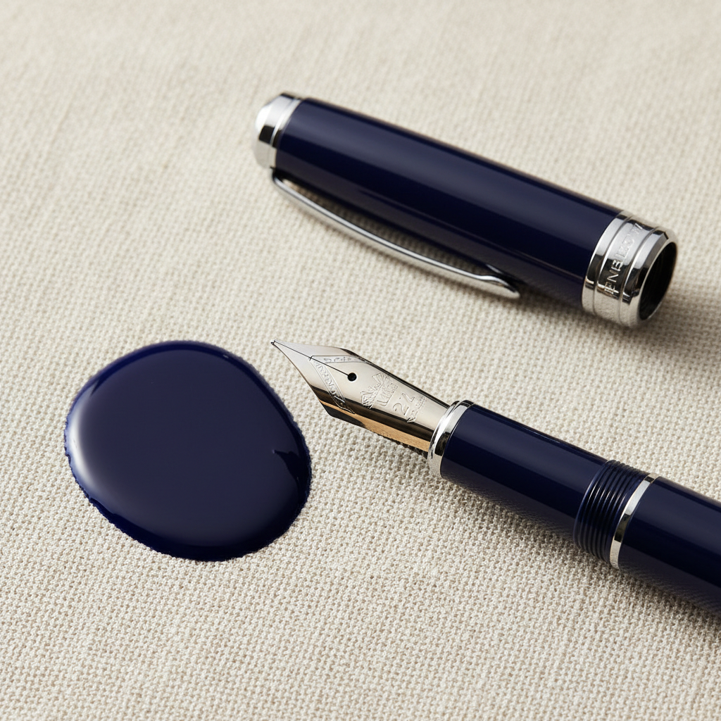 Overhead view of a Sailor Pro Gear fountain pen, cap posted, resting on cream linen with a glistening nib and a small pool of Iroshizuku ink